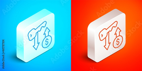 Isometric line Rent key icon isolated on blue and red background. The concept of the house turnkey. Silver square button. Vector