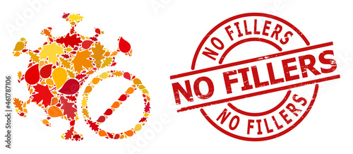 Forbidden Virus mosaic icon combined for fall season, and No Fillers rubber stamp. Vector forbidden virus mosaic is designed of random autumn maple and oak leaves.