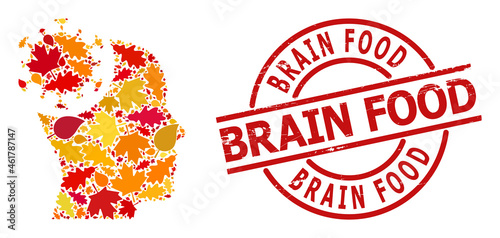 Head Virus mosaic icon organized for fall seasonwith Brain Food dirty stamp. Vector head virus mosaic is designed with random autumn maple and oak leaves.