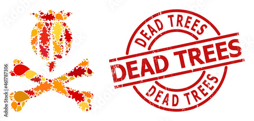 Mortal Opium mosaic icon combined for fall season, and Dead Trees scratched stamp print. Vector mortal opium mosaic is shaped with randomized autumn maple and oak leaves.