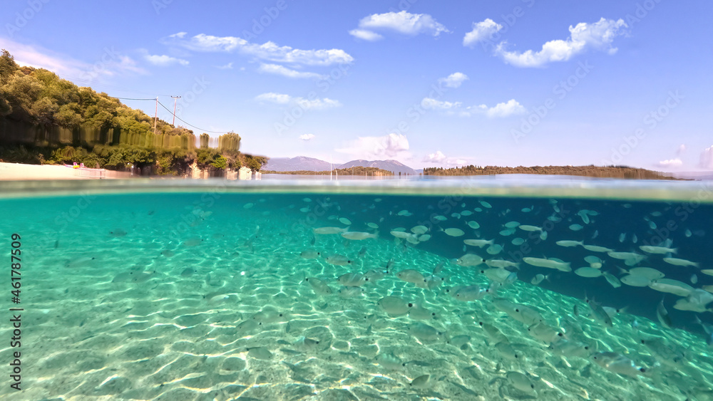 Underwater split photo of famous bay and sandy turquoise beach of Fanari with crystal clear calm sea and rich aquatic life in Ionian island of Meganisi, Greece