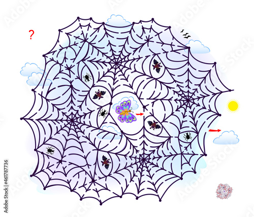 Logic puzzle game with labyrinth for children and adults. Help the butterfly get out of the spider's web. Worksheet for kids brain teaser book. Play online. Vector illustration. Maze for kids.