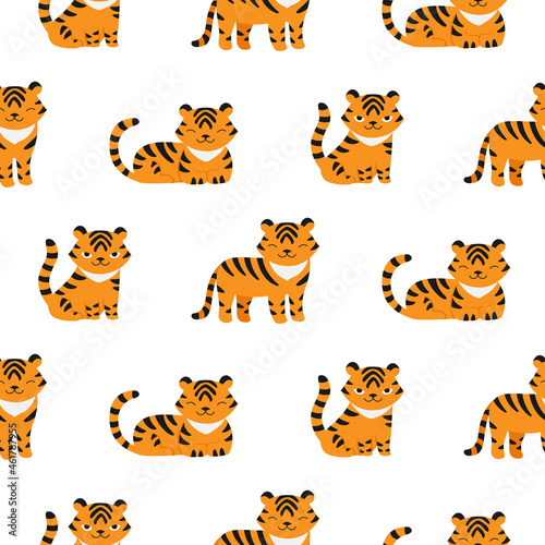 Seamless pattern with cute tigers. symbol of new 2022 year. Kid fabric design