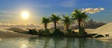 palm trees on the shore, oasis in the desert, beach with palm trees, sunset over palm trees, 3D rendering