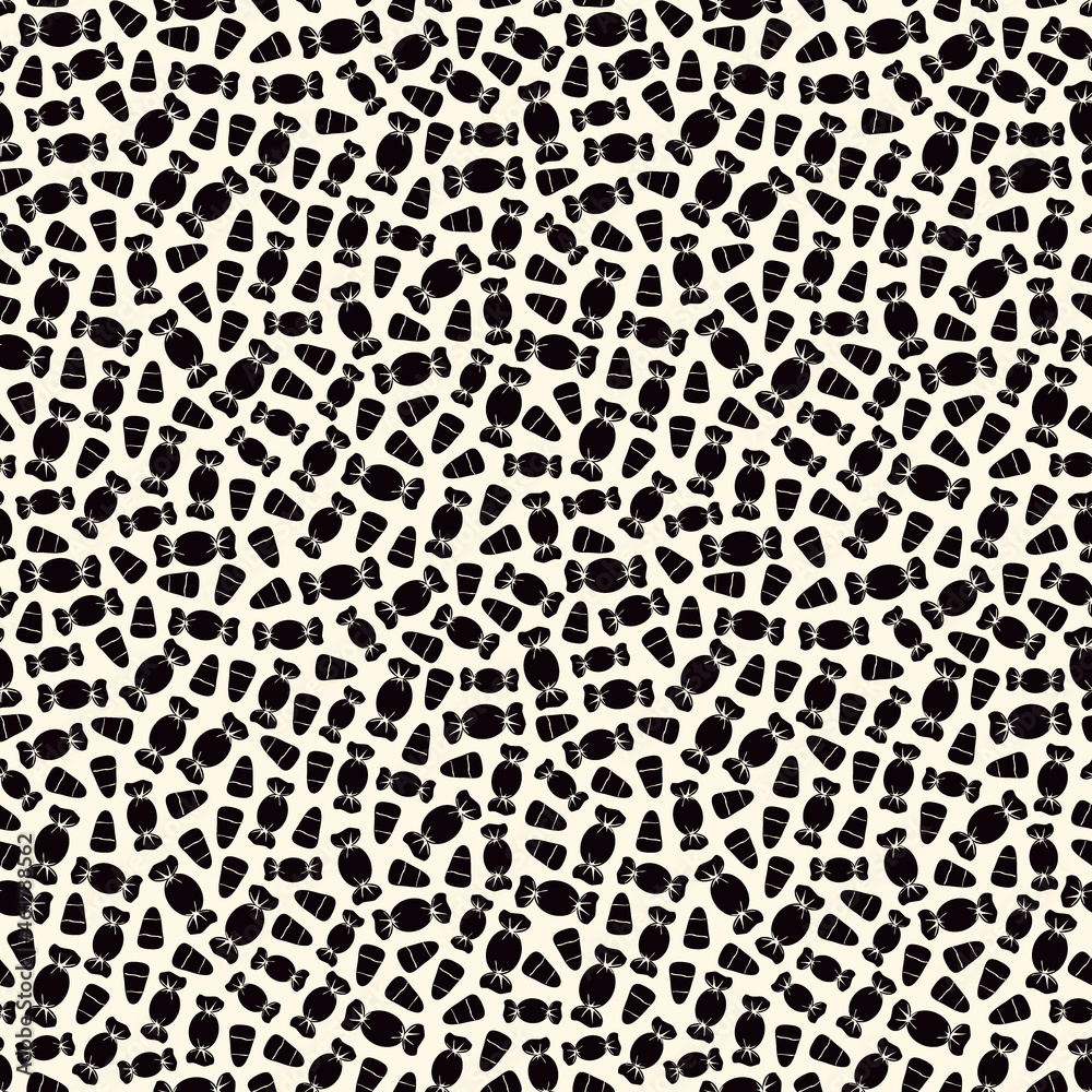 Seamless pattern with sweets. Halloween holiday background. Trick or treat wallpaper. Repeated candy silhouettes print