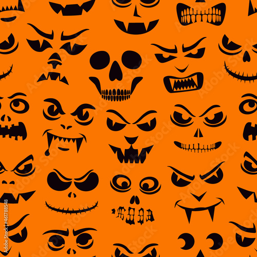 Funny monsters seamless pattern. Halloween holiday character silhouettes background. Vampires, skeletons, demons stencil