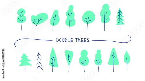 set of different doodle trees  vector illustration perfect for wall art  children textile  background