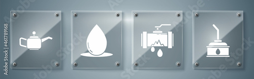 Set Canister for motor machine oil, Broken metal pipe with leaking water, Oil drop and Canister for motor machine oil. Square glass panels. Vector