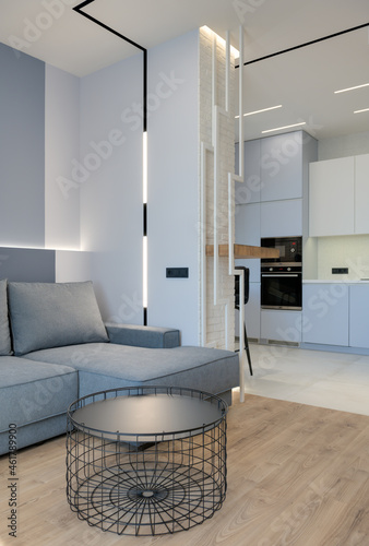 Modern luxury stylish apartment interior in pastel colors. a very bright room with huge windows filled with daylight. blue walls  wooden parquet floors