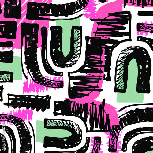 Ink doodle paint brush strokes seamless pattern. Hand drawn curved rough grunge modern design template.  Chaotic blob scribbles decorative texture. 