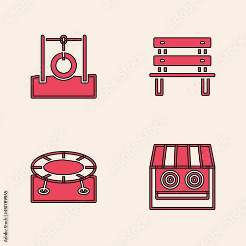 Set Shooting gallery, Car tire hanging on rope, Bench and Jumping trampoline icon. Vector