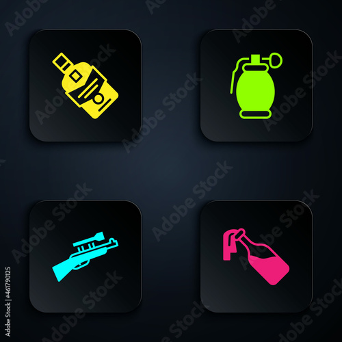 Set Cocktail molotov, Whiskey bottle, Sniper rifle with scope and Hand grenade. Black square button. Vector