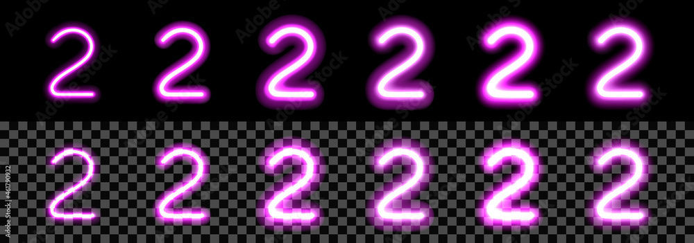 Neon Purple Glowing Number 2 on black background. Digit Two with