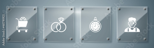 Set Jeweler man, Pocket watch, Wedding rings and Jewelry online shopping. Square glass panels. Vector