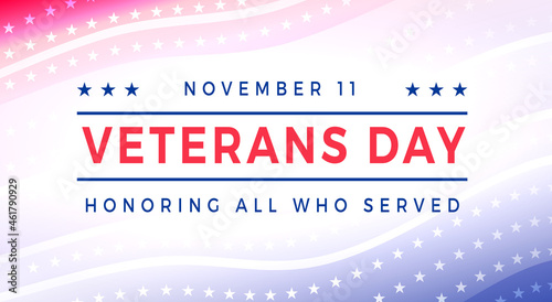 Veterans Day - Honoring All Who Served Poster. United States Veterans Day Celebration November 11. USA federal holiday. Red and blue text on wavy gradient striped background with stars