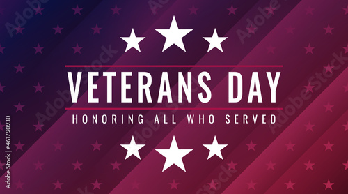 Veterans Day - Honoring All Who Served Poster. Celebrating United States Veterans Day on November 11. American federal holiday. White text on blue red gradient striped background