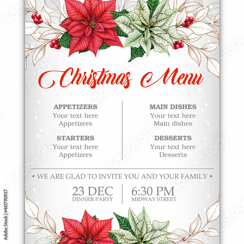 Watercolor christmas menu template with poinsettia and white leaves