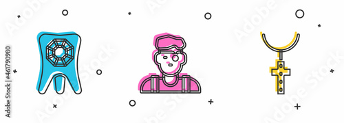 Set Tooth with diamond, Jeweler man and Christian cross chain icon. Vector