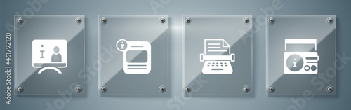 Set News on radio channel, Retro typewriter, Information and Television report. Square glass panels. Vector