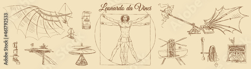 Sketch of Leonardo da Vinci's Vitruvian man and engineering drawings. Italian Renaissance. Vintage brown and beige card, hand-drawn, vector. Old design. Line graphics.  photo