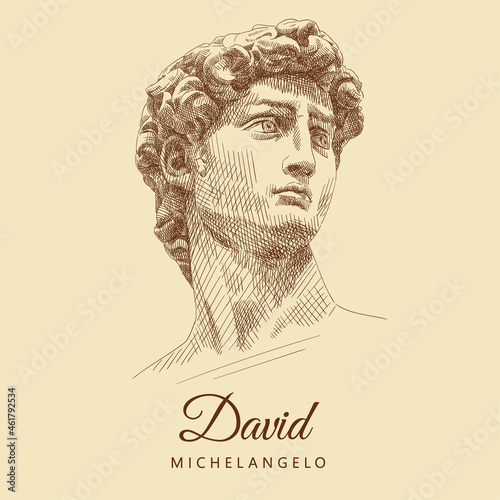 Sketch of the famous sculpture by Michelangelo 'David'. Man portrait with curly hair and a forward-looking gaze. Italian Renaissance. Vintage brown and beige card, hand-drawn, vector. Old design.