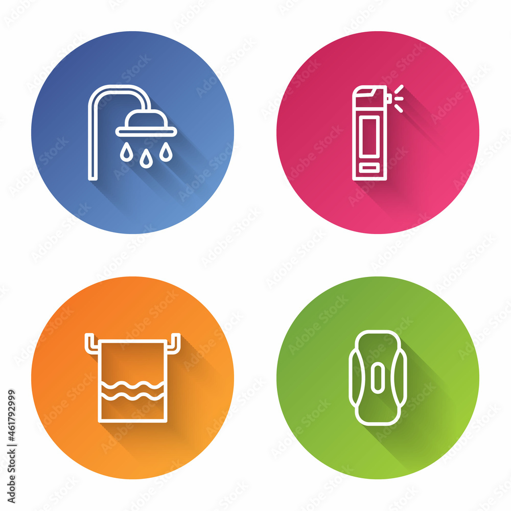 Set line Shower head, Bottle with nozzle spray, Towel on hanger and Sanitary napkin. Color circle button. Vector Set line Shower head, Bottle with nozzle spray, Towel on hanger and Sanitary napkin. Color circle button. Vector