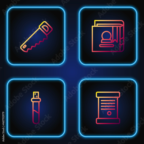 Set line Decree, paper, parchment, scroll, Bottle with love potion, Hand saw and Ancient magic book. Gradient color icons. Vector
