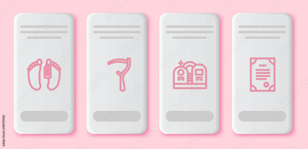 Set line Dead body, Scythe, Grave with tombstone and Death certificate. White rectangle button. Vector Set line Dead body, Scythe, Grave with tombstone and Death certificate. White rectangle button. Vector