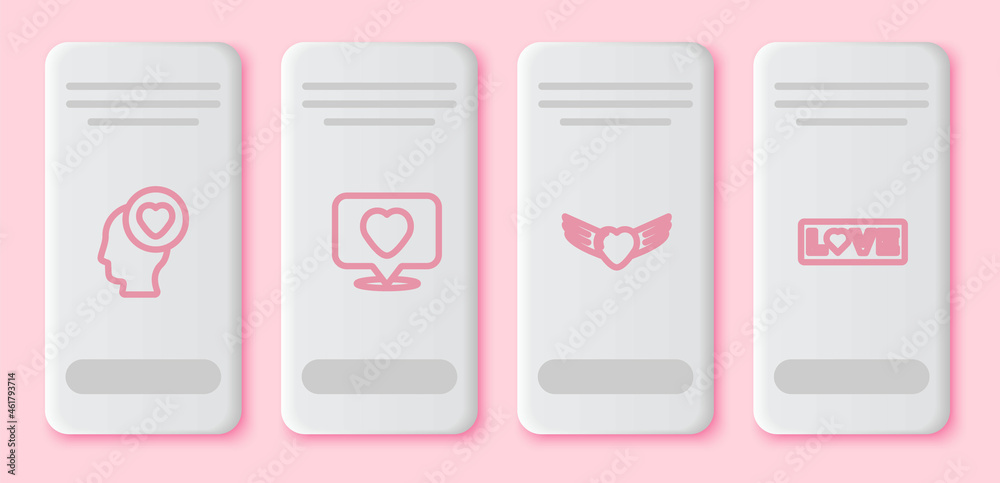 Set line Head with heart, Like and, Heart wings and Love text. White rectangle button. Vector
