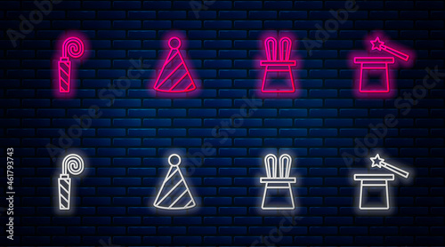 Set line Party hat, Magician and rabbit ears, Birthday party horn and wand. Glowing neon icon on brick wall. Vector