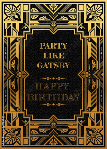 Gatsby card greetings template Art deco geometric vintage frame can be used for invitation, congratulation great gatsby party themes elements gold and Copper color with craft style on background.