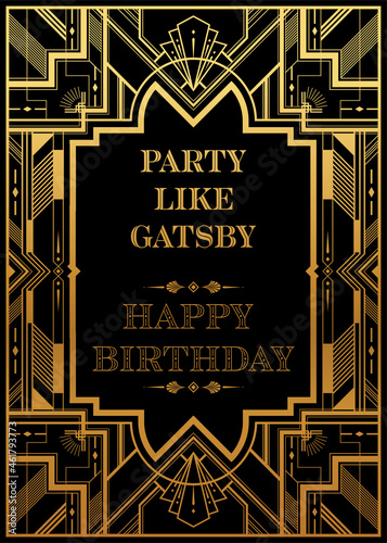 Gatsby card greetings template Art deco geometric vintage frame can be used for invitation, congratulation great gatsby party themes elements gold and Copper color with craft style on background. photo