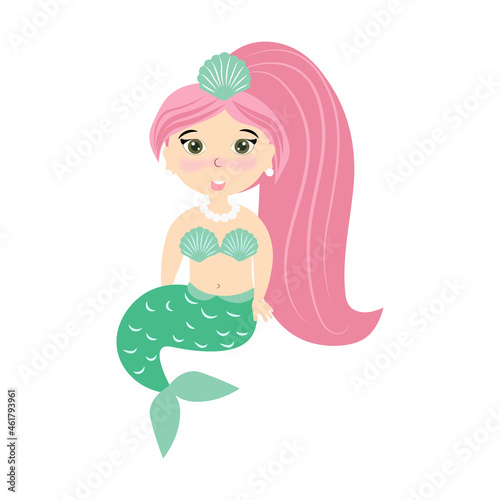  Little cute mermaid on a white background. Book illustration. Children's book illustration. Cartoon vector mermaid. cute mermaid vector on white background.