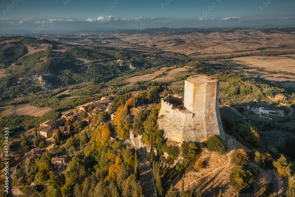 Drone fly over Rocca d'Orcia, Italy