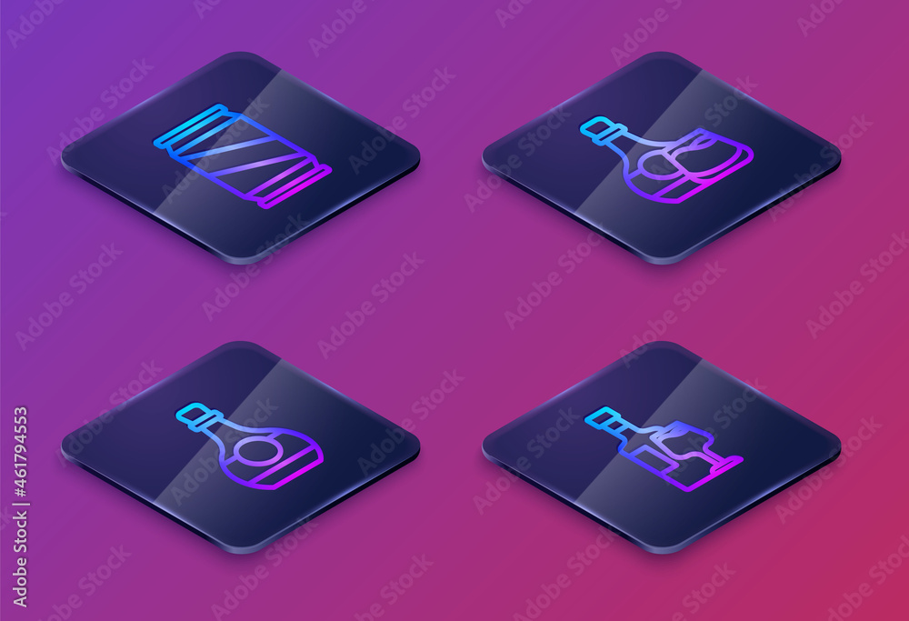 Set Isometric line Beer can, Bottle of cognac or brandy, Whiskey bottle glass and Wine with. Blue square button. Vector Set Isometric line Beer can, Bottle of cognac or brandy, Whiskey bottle glass and Wine with. Blue square button. Vector