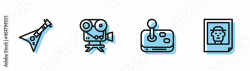 Set line Joystick, Electric bass guitar, Retro cinema camera and Photo icon. Vector