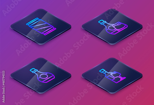 Set Isometric line Beer can, Bottle of cognac or brandy, Whiskey bottle glass and Wine with. Blue square button. Vector