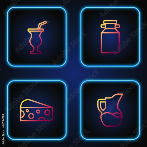 Set line Milk jug or pitcher, Cheese, Milkshake and Can container for milk. Gradient color icons. Vector
