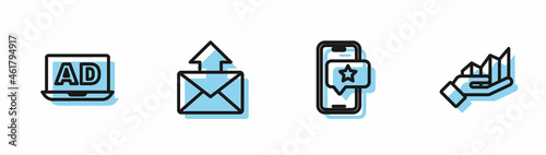 Set line Mobile with review rating, Advertising, Mail and e-mail and Pie chart infographic icon. Vector
