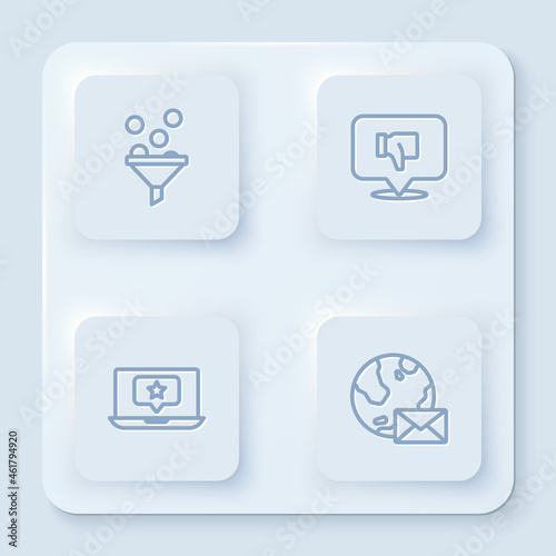 Set line Lead management, Dislike in speech bubble, Laptop with star and Earth globe mail. White square button. Vector