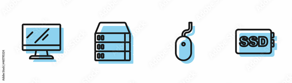 Set line Computer mouse, monitor screen, Server, Data, Web Hosting and SSD card icon. Vector Set line Computer mouse, monitor screen, Server, Data, Web Hosting and SSD card icon. Vector
