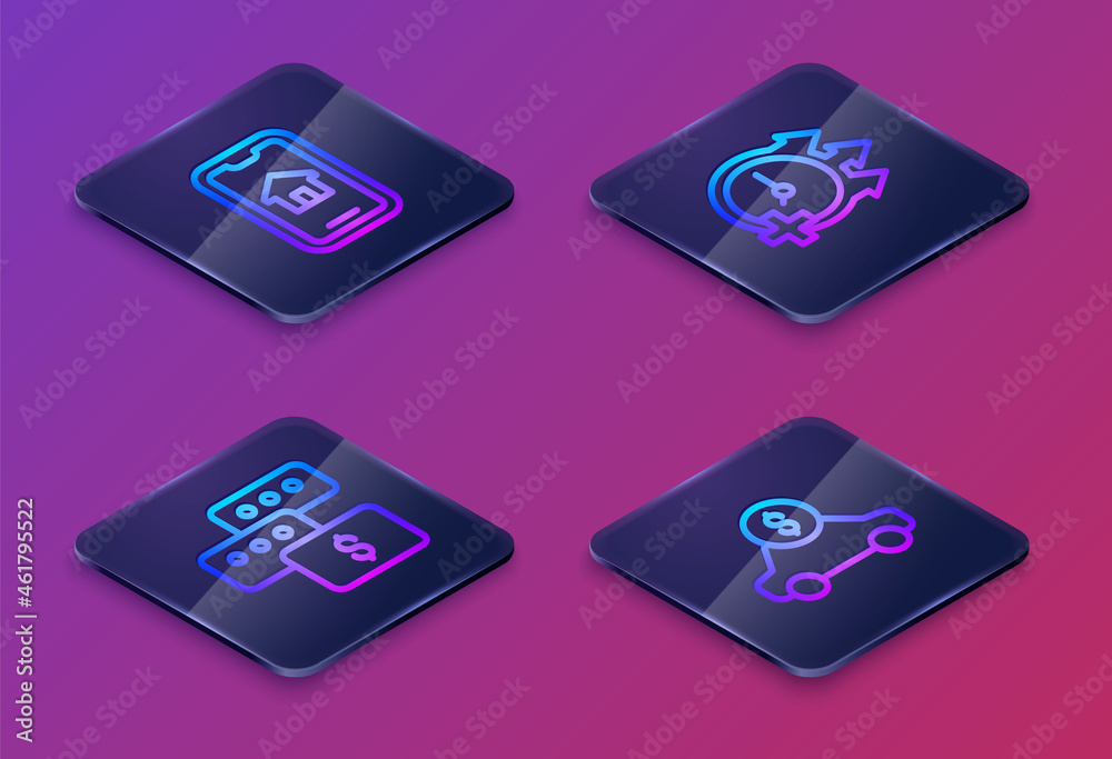Set Isometric line Online real estate, Price negotiation, Clock and Car rental. Blue square button. Vector Set Isometric line Online real estate, Price negotiation, Clock and Car rental. Blue square button. Vector