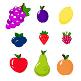 Set of fruits on a white background pear, peach, blueberry, strawberry, plum, lemon, raspberry, apple, grapes