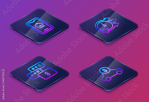 Set Isometric line Online real estate, Price negotiation, Clock and Car rental. Blue square button. Vector