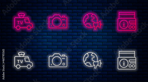 Set line Photo camera, World news, TV News car and on radio channel. Glowing neon icon on brick wall. Vector
