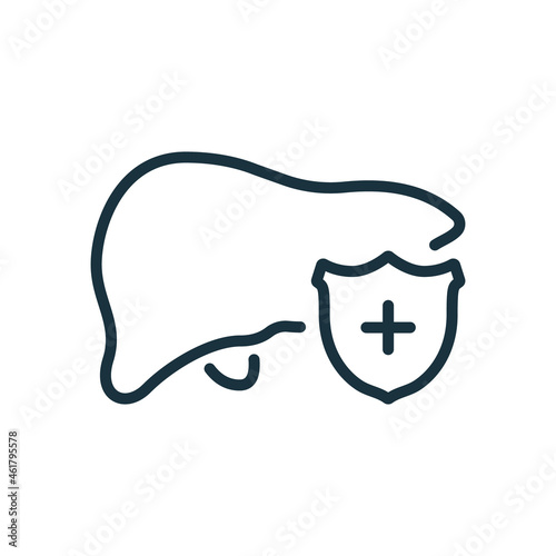 Protection of Human Liver. Shield and Healthy Liver Outline Icon. Internal Organ Linear Pictogram. Editable Stroke. Isolated Vector Illustration