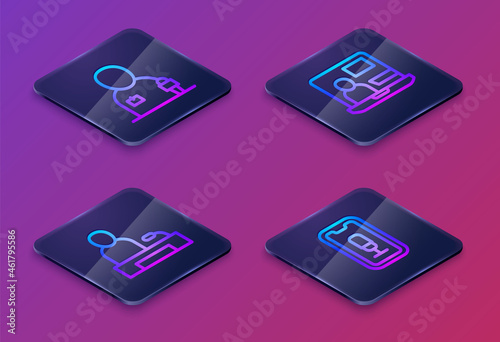 Set Isometric line Journalist news, Television report, World and Mobile recording. Blue square button. Vector