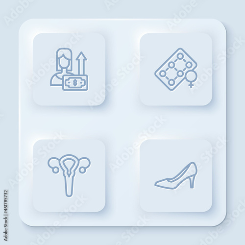 Set line Money growth woman, Packaging of birth control pills, Female reproductive system and Woman shoe. White square button. Vector