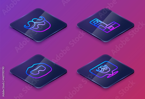 Set Isometric line Mustache and beard, Shaving gel foam and Barbershop. Blue square button. Vector