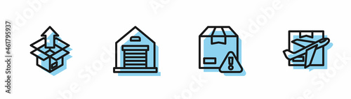Set line Delivery security with shield, Unboxing, Warehouse and Plane and cardboard icon. Vector